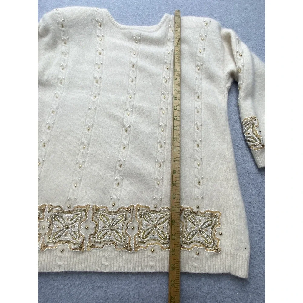 Vintage Marisa Christina Sweater Tunic Womens L White Beaded Pearl 80s